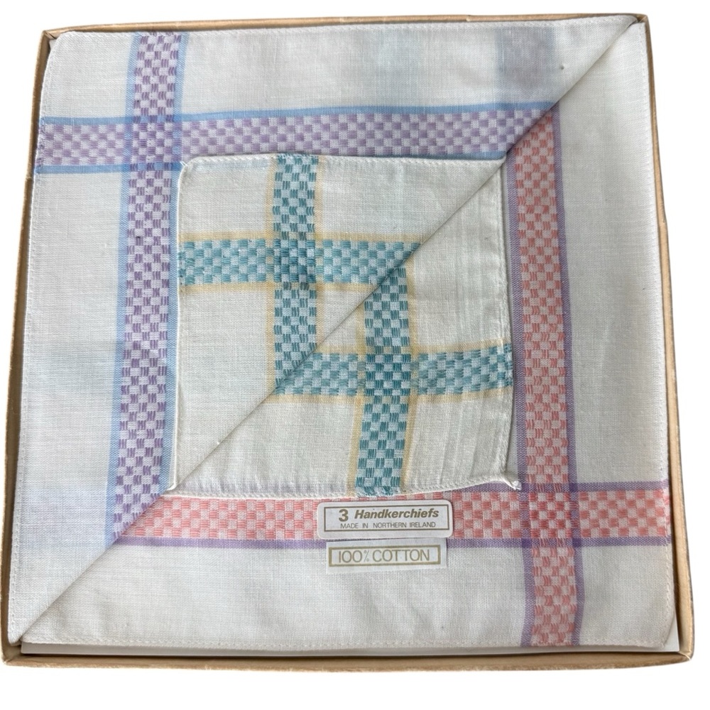 EXCELDA New In Box Vintage Ladies Handkerchiefs Set of 3 Gingham 100% Cotton